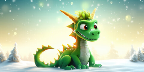 Green Dragon on a winter nature landscape background. Green Dragon Symbol Of New Year 2024. Merry Christmas and Happy New Year Background