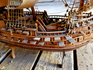 model of galleons made of wood after old. it is not a prefab but a carving work. has masts of sails...