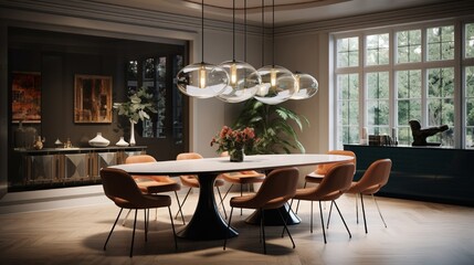 A mid-century modern dining area with a classic oval table, surrounded by iconic chairs and statement pendant lighting.