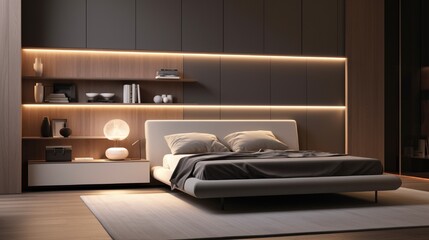 A minimalist monochromatic bedroom with a platform bed, hidden LED lighting, and asymmetrical shelving.