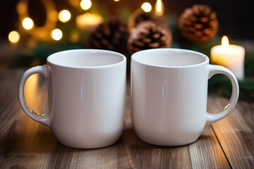 Fototapeta premium Mock up of white blank mugs on a table with christmas bokeh and cones on background