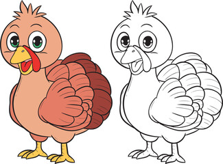 Turkey Bird Cartoon Character. Doodles art for Thanksgiving Day. Coloring book for adults and kids.