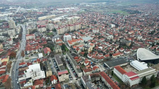 Aerial view of streets with residential buildings in town Leskovac in southern Serbia
