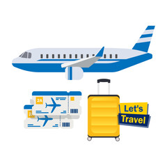 Vacation. Travels plane ticket, suitcase, tourism and travel planning with airplane flight. Vector illustration