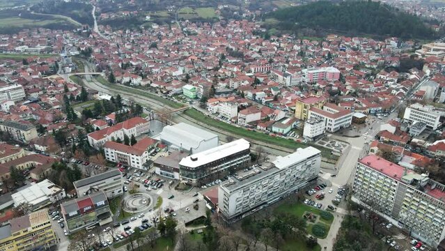 Aerial view of residential buildings and park in Leskovac, Serbia
