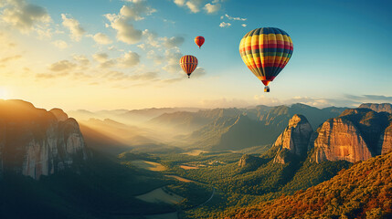Hot air balloons dotting the sky over a mountain range.