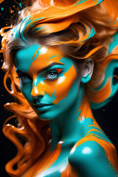 Fantasy abstract portrait of a beautiful woman covered in turquoise and orange paint. Her hair is turning into a colourful paint splatter. Isolated subject on black background