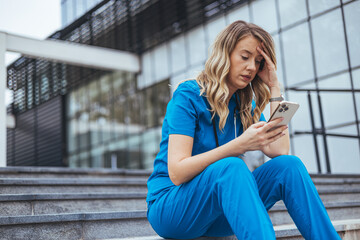 Tired depressed female scrub nurse wears face mask blue uniform gloves sits on hospital stairs...