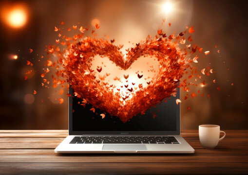 Pink hearts flying out of an open laptop - love text concept - background for valentine's day - Powered by Adobe