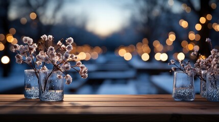Winter scene with warm candle lights on a bridge, festive tree in the background, and a rustic wooden foreground in a serene snowy landscape.