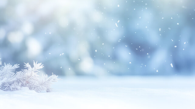 Beautiful winter background image of frosted spruce branches and small drifts of pure snow with bokeh. Copy space. Banner.
