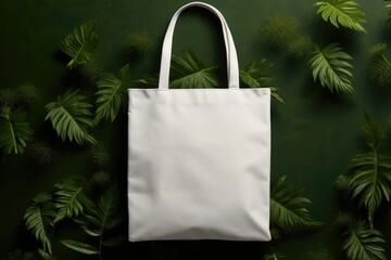 Blank white mockup reusable shopping bag on green leaves background. Plastic free, zero waste. Save the planet. Environmental conservation and recycling concept. Template for design 