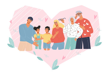 Banner with multigenerational family expressing love and joy of being together, design concept for Family Day greeting cards and banners, flat vector illustration isolated on white background.