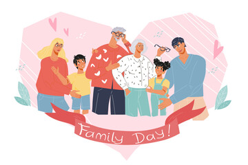 Heartwarming family day card or poster template with multigenerational family characters. Holiday card backdrop that captures the spirit of family bond.