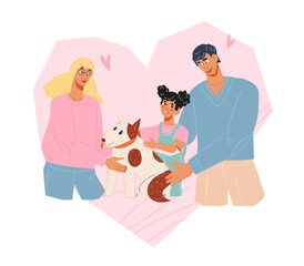 Banner with family with a mother, father, child and dog. Family love and joy of being together concept for family day greeting cards and banners design, vector illustration isolated on white.