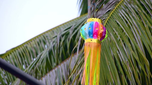 Colorful modern lantern Akash Kandil decorative lampa hang out at house balcony for celebrating Diwali Festival, Happy diwali