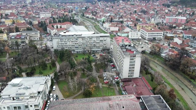 Aerial view of a park surrounded by residential buildings in town Leskovac in southern Serbia
