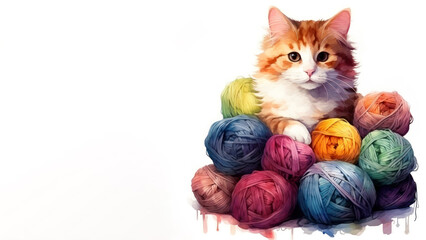 Orange cat sitting among colorful yarn balls watercolor banner with copy space for text