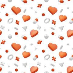 3d medical seamless pattern with pill and heart on white color background. 3d design of medicine illustration