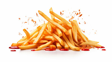 Fast food. Flying fried potatoes and ketchup isolated on white background. French fries. Made with generative ai - obrazy, fototapety, plakaty
