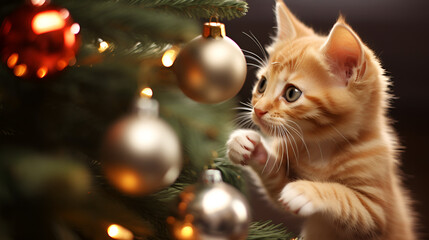 cute kitten playing with a Christmas bauble hanging in a christmas tree