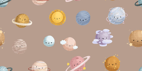 Seamless pattern with hand painted planets. Space endless on brown background. Gender neutral