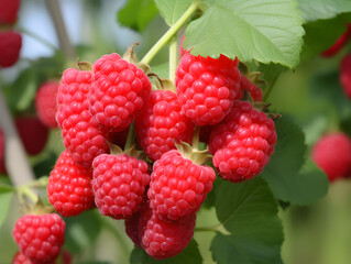 Ripe red raspberries growing on a bush, blurred background 