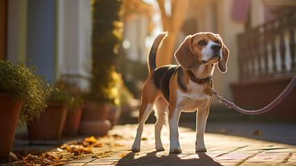 Lonely beagle dog leashed outside a house - obrazy, fototapety, plakaty