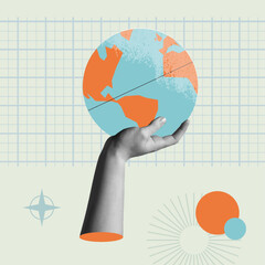 Human hand holding earth globe in collage retro style vector illustration