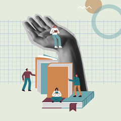 Education concept hand and people in collage retro style vector illustration