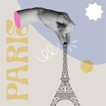 Human hand holding eiffel tower paris in collage retro style illustration