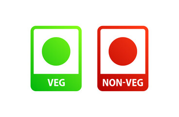 Veg and Non-Veg icons. Flat, green Veg icon, red Non-Veg sign, healthy eating button design. Vector icons
