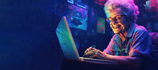 Active pensioner with glowing eyes communicates with children and grandchildren via the Internet