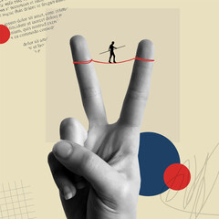Hand and tightrope walker in retro collage style vector illustration