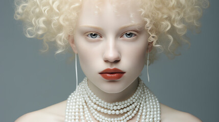 Elegance and Grace: A Blonde albino Woman Adorned with Pearls and a Necklace