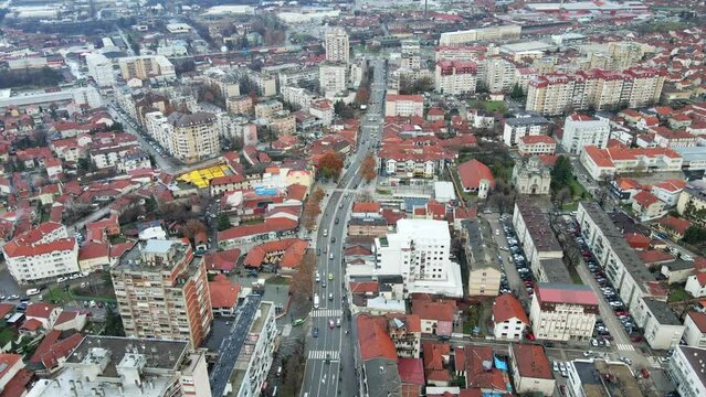 Aerial view of traffic in a street in town Leskovac in southern Serbia