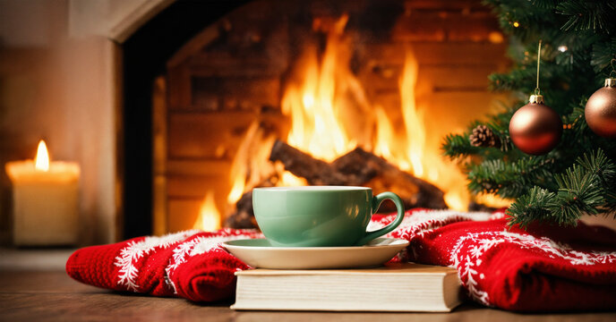 Christmas fireplace with gifts and Tea cup - AI generated