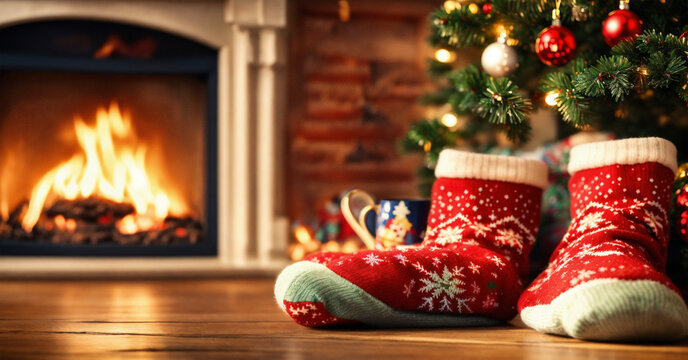 Christmas fireplace with Socks - AI generated