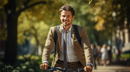Foto op Canvas Happy male executive in business outfit returning from job on bicycle outdoor. Front view of determined office clerk feeling great, while cycling home from office in city park. Concept of transport.  © Morng