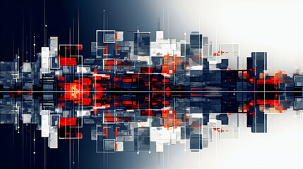 Abstract background image using square shapes and lines with a color palette of greys and red