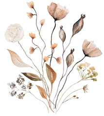 Bouquet with watercolor autumn wild flowers and leaves, Brown and beige wedding illustration