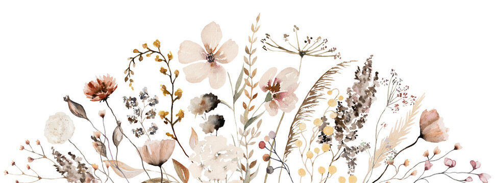 Border with watercolor border with autumn brown wild flowers and leaves, wedding illustration
