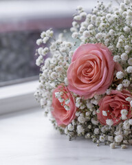 Wedding details. The bride's bouquet. Pink roses with white flowers