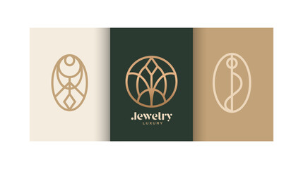 Set of luxury jewelry icon logo vector with golden ring and diamond concept - obrazy, fototapety, plakaty