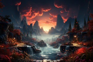 Fantasy landscape with fantasy lake and ancient temples. Generative AI.