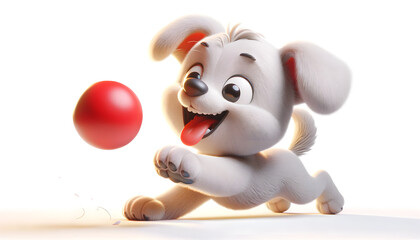 Fototapeta premium Cute White Puppy Playing with a Red Ball. Generative AI.