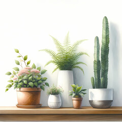 A watercolor painting depicting a pristine white wall as the backdrop. There are three plant pots, each with a different type of plant