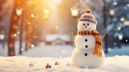 Obraz premium Christmas decoration with a cute cheerful snowman in the snow in a winter park with beautiful bokeh. AI generated