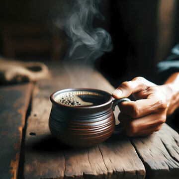 Create An Image Of A South Asian Hand Reaching To Pick Up A Hot Cup Of Coffee. The Coffee Cup Should Be On A Wooden Table