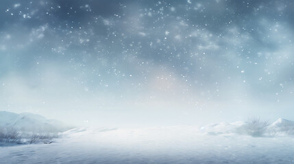 Winter snow background with snowdrifts, with beautiful light and snow flakes on the blue sky in the evening, banner format, copy space